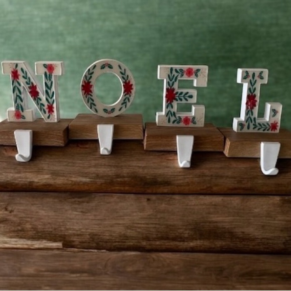 Set of 4 Christmas Noel Stocking Holder Mantel Hooks Kitsch Cottage